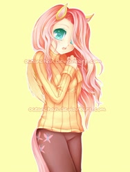 Size: 600x799 | Tagged: safe, artist:oceanchan, fluttershy, clothes, eared humanization, humanized, sweater, sweatershy, tailed humanization, winged humanization