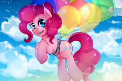 Size: 3000x2000 | Tagged: safe, artist:twigileia, pinkie pie, earth pony, pony, balloon, floating, smiling, solo, then watch her balloons lift her up to the sky