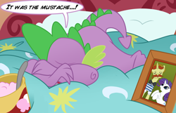 Size: 5492x3542 | Tagged: safe, artist:multiversecafe, flam, rarity, spike, dragon, pony, unicorn, absurd resolution, bed, comfort eating, crying, facial hair, female, food, forever alone, friendzone, ice cream, male, moustache, photo, picture frame, pillow, rariflam, sad, shipping, sparity, spoon, straight