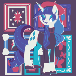 Size: 600x600 | Tagged: safe, artist:yousukou, rarity, pony, unicorn, beatnik rarity, beret, clothes, cutie mark, hat, solo, sweater