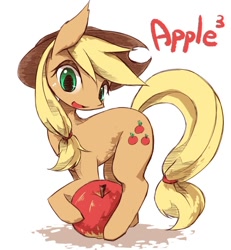 Size: 554x600 | Tagged: safe, artist:kolshica, applejack, earth pony, pony, apple, obligatory apple, pixiv, solo