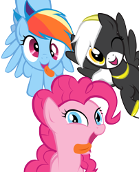 Size: 2765x3426 | Tagged: safe, artist:petraea, derpibooru import, pinkie pie, rainbow dash, oc, oc:marie, earth pony, pegasus, pony, faic, female, high res, mare, one eye closed, self insert, simple background, tongue out, transparent background, wink