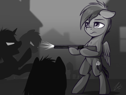 Size: 2216x1671 | Tagged: safe, artist:deltauraart, derpibooru import, rainbow dash, pegasus, pony, zombie, bipedal, female, gun, hoof hold, mare, monochrome, shotgun, weapon