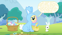 Size: 6000x3375 | Tagged: safe, artist:mandydax, angel bunny, fluttershy, pegasus, pony, bunny costume, bunnyshy, chick, clothes, costume, easter