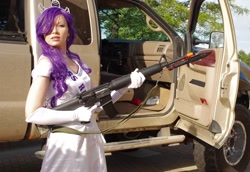 Size: 960x660 | Tagged: safe, artist:zeldatetrasheik, rarity, human, airsoft, clothes, cosplay, evening gloves, gun, irl, irl human, no trigger discipline, photo, solo