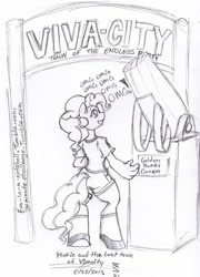 Size: 500x694 | Tagged: safe, artist:evangle, pinkie pie, anthro, earth pony, unguligrade anthro, 30 minute art challenge, female, monochrome, party cannon, simple background, white background