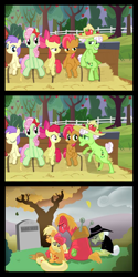 Size: 650x1300 | Tagged: safe, apple bloom, applejack, auntie applesauce, babs seed, big macintosh, granny smith, earth pony, pony, comic, crying, female, filly, grave, how babs died, hug, implied death, implied foalcon, implied sex, male, mare, stallion