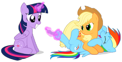 Size: 7516x3819 | Tagged: safe, artist:replaymasteroftime, derpibooru import, applejack, rainbow dash, twilight sparkle, twilight sparkle (alicorn), alicorn, earth pony, pegasus, pony, female, hoof tickling, magic, mare, simple background, tickling, transparent background, vector