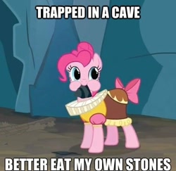 Size: 500x486 | Tagged: safe, edit, edited screencap, screencap, chancellor puddinghead, pinkie pie, earth pony, pony, hearth's warming eve (episode), bear grylls, cute, diapinkes, eating, hearth's warming eve, image macro, mouth hold, pica, rock, stone