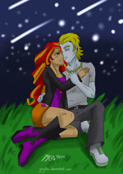 Size: 2480x3507 | Tagged: safe, artist:rainbowfiedmaya, bulk biceps, sunset shimmer, equestria girls, bulkshimmer, commission, cuddling, female, hug, huggle, humanized, male, shipping, snuggling, starry night, straight, sunsetbiceps