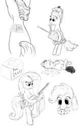 Size: 2000x3200 | Tagged: safe, artist:furor1, applejack, fluttershy, pinkie pie, spitfire, sweetie belle, sweetie bot, truffle shuffle, earth pony, pegasus, pony, appletini, bagpipes, bass guitar, candy, cookie, kilt, musical instrument, sketch dump