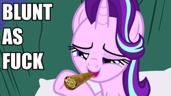 Size: 2560x1440 | Tagged: safe, starlight glimmer, pony, blunt, image macro, meme, pun, solo, totally legit recap