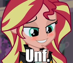 Size: 829x720 | Tagged: safe, edit, screencap, sunset shimmer, equestria girls, friendship games, bedroom eyes, cropped, cute, human coloration, reaction image, shimmerbetes, smiling, teeth, unf