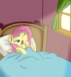 Size: 900x980 | Tagged: safe, artist:jigglybelle, fluttershy, pegasus, pony, bed, bed mane, morning ponies, solo, yawn