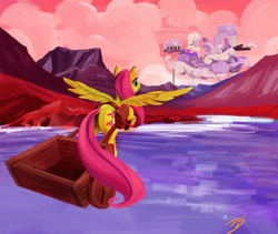 Size: 1200x1015 | Tagged: safe, artist:hiroshi-tea, fluttershy, pegasus, pony, cart, cloudsdale, dock, flying, plot, saddle bag, solo, wagon, water