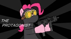 Size: 806x446 | Tagged: safe, artist:cyberagent369, pinkie pie, pony, crossover, dual wield, female, gun, guns akimbo, hank j. wimbleton, madness combat, mare, ninja, solo, uzi