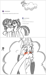 Size: 1300x2100 | Tagged: safe, artist:turkleson, aria blaze, discord, starlight glimmer, pony, unicorn, blushing, text posts, tumblr