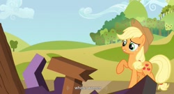 Size: 1593x859 | Tagged: safe, screencap, applejack, earth pony, pony, apple family reunion, youtube caption, youtube link