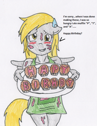 Size: 521x673 | Tagged: safe, artist:raijinsenshi, derpy hooves, anthro, apron, birthday cake, cake, clothes, messy, naked apron, solo, sweatdrop, traditional art