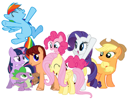 Size: 1062x824 | Tagged: safe, derpibooru import, applejack, fluttershy, pinkie pie, rainbow dash, rarity, spike, twilight sparkle, oc, dragon, earth pony, pegasus, pony, unicorn