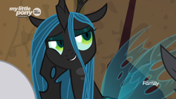 Size: 1366x768 | Tagged: safe, screencap, lord tirek, queen chrysalis, changeling, changeling queen, frenemies (episode), cute, cutealis, face on hoof, female, head on hoof, hoof on cheek, solo focus