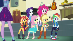 Size: 1280x720 | Tagged: safe, derpibooru import, screencap, applejack, fluttershy, pinkie pie, rainbow dash, rarity, sci-twi, sunset shimmer, twilight sparkle, better together, equestria girls, overpowered (equestria girls), clothes, converse, feet, geode of empathy, geode of fauna, geode of shielding, geode of super speed, geode of super strength, humane five, humane seven, humane six, legs, magical geodes, pantyhose, shoes