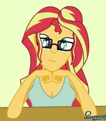 Size: 733x834 | Tagged: safe, artist:stargrazer, sunset shimmer, equestria girls, :3, cleavage, female, freckles, glasses, looking at you, solo