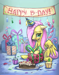Size: 2000x2560 | Tagged: safe, artist:ruffu, fluttershy, pegasus, pony, cake, cupcake, happy birthday, hat, party hat, present