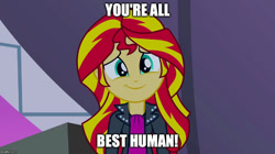 Size: 888x499 | Tagged: safe, sunset shimmer, equestria girls, rainbow rocks, best human, cute, shimmerbetes, smiling, solo, text