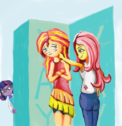 Size: 1018x1053 | Tagged: safe, artist:trixsun, fluttershy, sci-twi, sunset shimmer, twilight sparkle, equestria girls, clothes, female, humanized, jealous, lesbian, shipping, sunshyne, yay