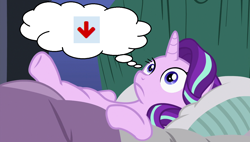 Size: 1280x727 | Tagged: safe, edit, edited screencap, screencap, starlight glimmer, pony, unicorn, rock solid friendship, bed, downvote, exploitable meme, meme, solo, starlight bedridden, starlight's room, thought bubble