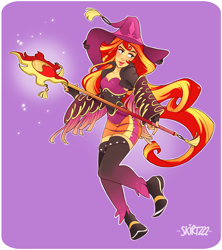 Size: 2224x2500 | Tagged: safe, artist:skirtzzz, sunset shimmer, equestria girls, black mage, clothes, crossover, dress, dressphere, final fantasy, final fantasy x-2, hat, nail polish, purple background, simple background, solo, staff, witch hat