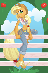 Size: 600x916 | Tagged: safe, artist:ellisarts, applejack, anthro, plantigrade anthro, barefoot, belly button, clothes, feet, fence, front knot midriff, jeans, midriff, no hooves, sitting, skinny, solo