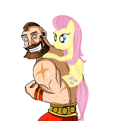 Size: 800x800 | Tagged: safe, artist:cheshiresdesires, fluttershy, human, crossover, piggyback ride, street fighter, zangief