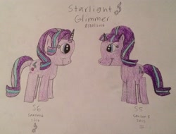 Size: 3155x2393 | Tagged: safe, artist:smurfettyblue, starlight glimmer, pony, unicorn, season 5, season 6, comparison, cutie mark, duality, looking at each other, self ponidox, simple background, traditional art, white background