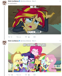 Size: 706x867 | Tagged: safe, derpibooru import, applejack, fluttershy, pinkie pie, rainbow dash, rarity, sunset shimmer, twilight sparkle, equestria girls, canon, humane five, humane seven, humane six, image macro, meme, meta, nick confalone, text, twitter