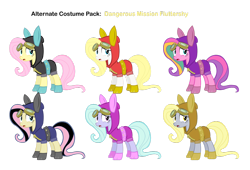 Size: 1024x698 | Tagged: safe, artist:pika-robo, artist:zvn, derpy hooves, flitter, fluttershy, pegasus, pony, alternate costumes, banner mares, bunny ears, clothes, crescendo, dangerous mission outfit, emoshy, female, hoodie, mare, ploomette, recolor