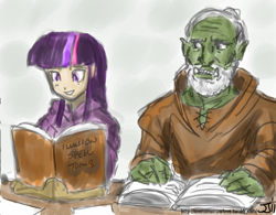 Size: 1000x778 | Tagged: safe, artist:johnjoseco, artist:michos, derpibooru import, twilight sparkle, human, orc, book, crossover, humanized, skyrim, the elder scrolls, urag gro-shub