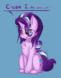 Size: 2857x3653 | Tagged: safe, artist:duop-qoub, starlight glimmer, pony, unicorn, asking for it, blue background, blushing, bronybait, cheek fluff, chest fluff, cute, dialogue, ear fluff, female, fluffy, glimmerbetes, looking down, mare, pet glimmer, pet play, shoulder fluff, simple background, sitting, solo