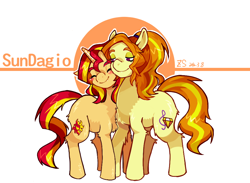 Size: 890x650 | Tagged: safe, artist:hisshi shoujo, adagio dazzle, sunset shimmer, pony, unicorn, female, lesbian, ponified, shipping, sunsagio