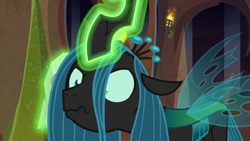 Size: 1920x1080 | Tagged: safe, screencap, queen chrysalis, changeling, changeling queen, frenemies (episode), faic, female, glowing horn, horn, magic, solo, telekinesis