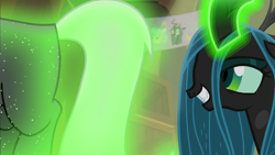 Size: 1920x1080 | Tagged: safe, screencap, lord tirek, queen chrysalis, changeling, changeling queen, frenemies (episode), butt, eyes on the prize, female, glowing horn, horn, magic, magic aura, male, out of context, plot, telekinesis, tirump, you know for kids
