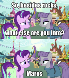 Size: 640x720 | Tagged: safe, edit, edited screencap, screencap, maud pie, starlight glimmer, pony, rock solid friendship, female, image macro, lesbian, meme, shipping, starmaud