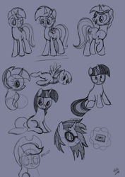 Size: 1240x1753 | Tagged: safe, artist:subtlepixel, applejack, derpy hooves, dj pon-3, lyra heartstrings, twilight sparkle, vinyl scratch, earth pony, pegasus, pony, cassette tape, female, magic, mare, monochrome, sketch dump