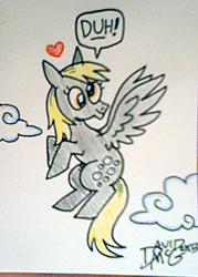 Size: 308x430 | Tagged: safe, artist:coyotecoyote, derpy hooves, cloud, cloudy, flying, heart, solo, text, traditional art