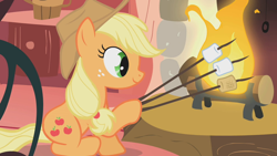 Size: 640x360 | Tagged: safe, screencap, applejack, earth pony, pony, look before you sleep, applejack's special marshmallows, cropped, dexterous hooves, female, fire, fireplace, hoof hold, mare, marshmallow, meme origin, solo