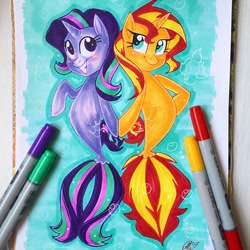 Size: 750x750 | Tagged: safe, artist:antych, starlight glimmer, sunset shimmer, seapony (g4), my little pony: the movie, instagram, marker drawing, markers, not fiery shimmer, seaponified, seapony starlight glimmer, seapony sunset, species swap, traditional art