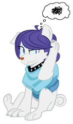 Size: 625x1065 | Tagged: safe, artist:dbkit, rarity, diamond dog, hengstwolf, werewolf, clothes, collar, diamond dogified, female diamond dog, raridog, scratching, simple background, sitting, solo, species swap, transparent background, vector