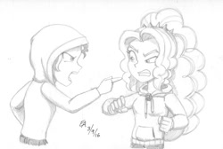 Size: 900x605 | Tagged: safe, artist:mayorlight, adagio dazzle, sunset shimmer, equestria girls, bad, clothes, hoodie, michael jackson, monochrome, pencil drawing, traditional art