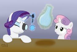 Size: 1200x807 | Tagged: safe, artist:phallen1, rarity, sweetie belle, pony, unicorn, jewel, magic, tools